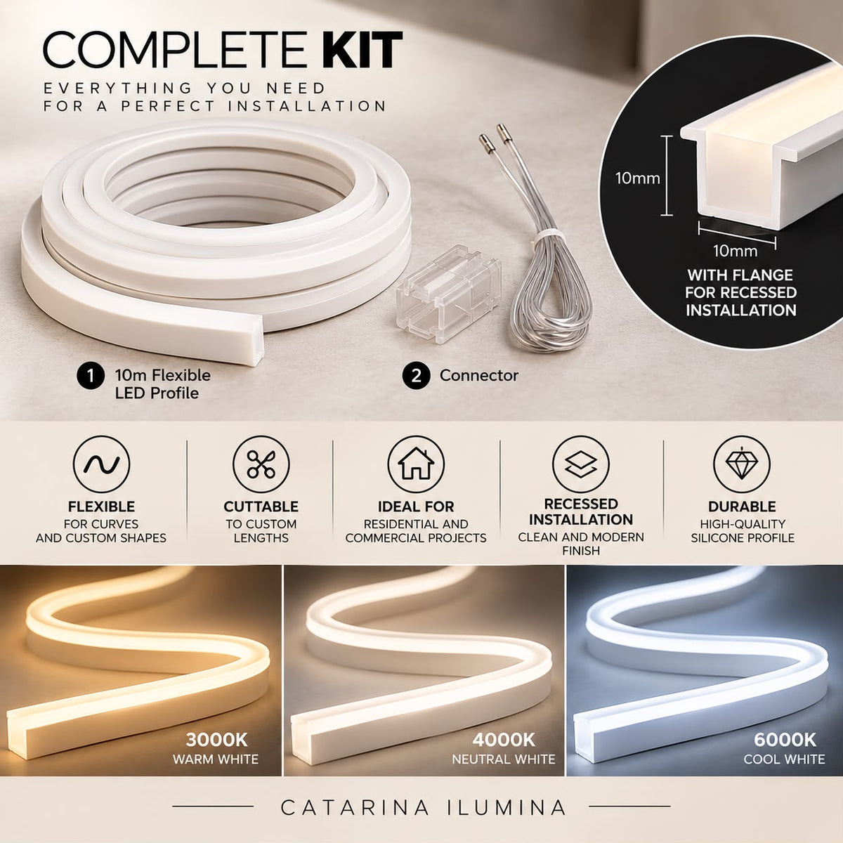 Flexible LED Neon Profile -24V 10m - 10x10mm | Integrated LED Complete Kit