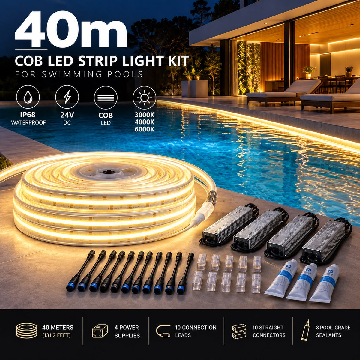 40m IP68 Waterproof COB LED Strip Light Kit for Pools – 24V