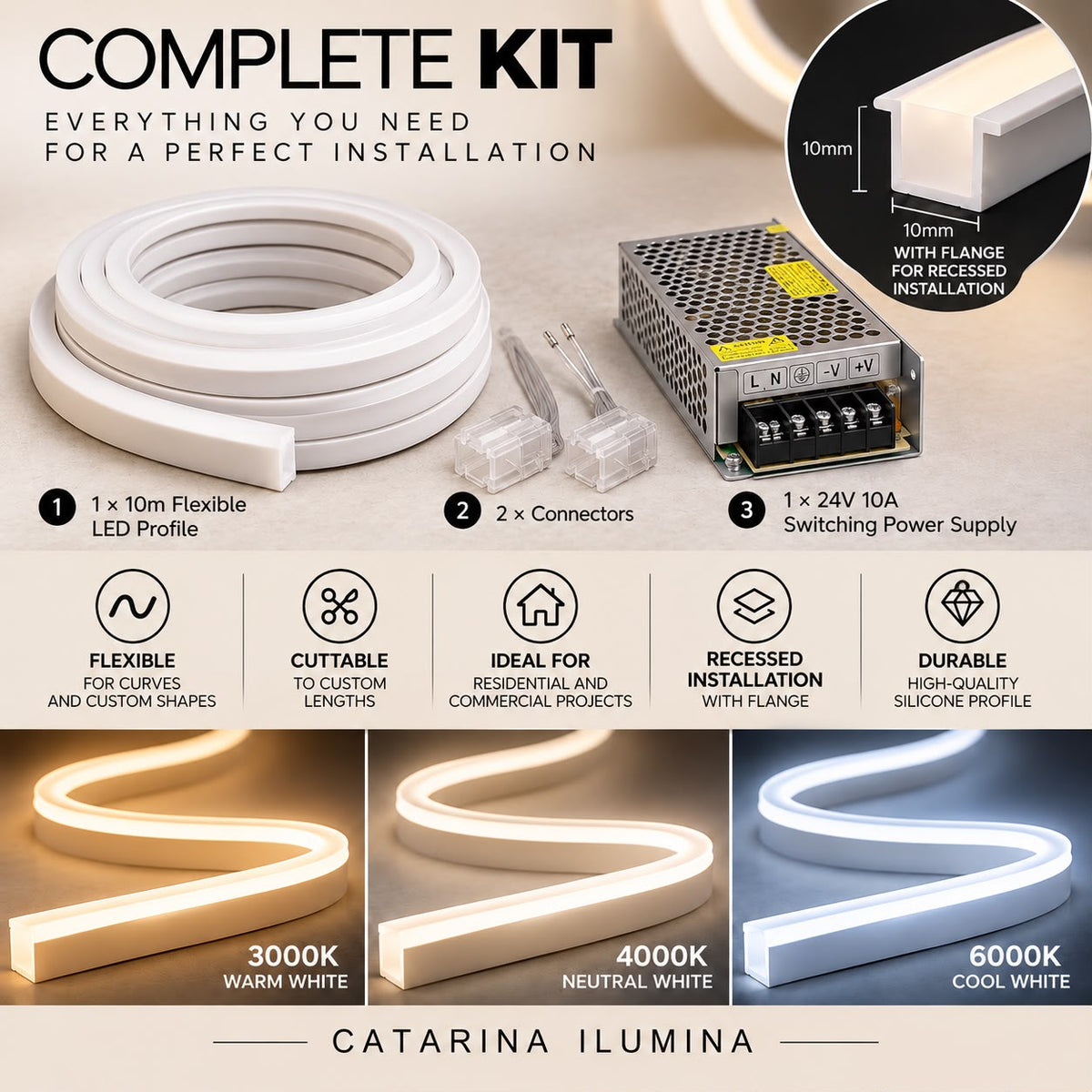Flexible LED Neon Profile -24V 10m - 10x10mm | Integrated LED Complete Kit