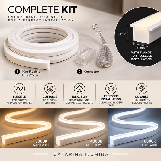Flexible LED Neon Profile -12V 10m - 10x10mm | Integrated LED Complete Kit