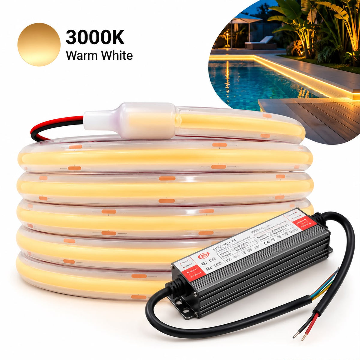 40m IP68 Waterproof COB LED Strip Light Kit for Pools – 24V
